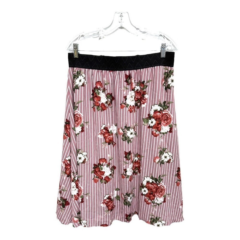 LuLaRoe Pink White Striped Blush Roses  Skirt Unicorn NWT XL Midi Length